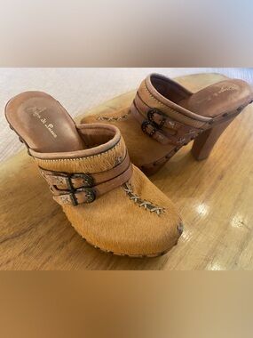 Diego di Lucca Brown Calf-hair Leather Clogs with Studs and Rhinestone Buckles